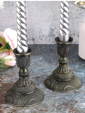 Ornate Antique Brass Candle Holders with Silver Candles - Home Accents